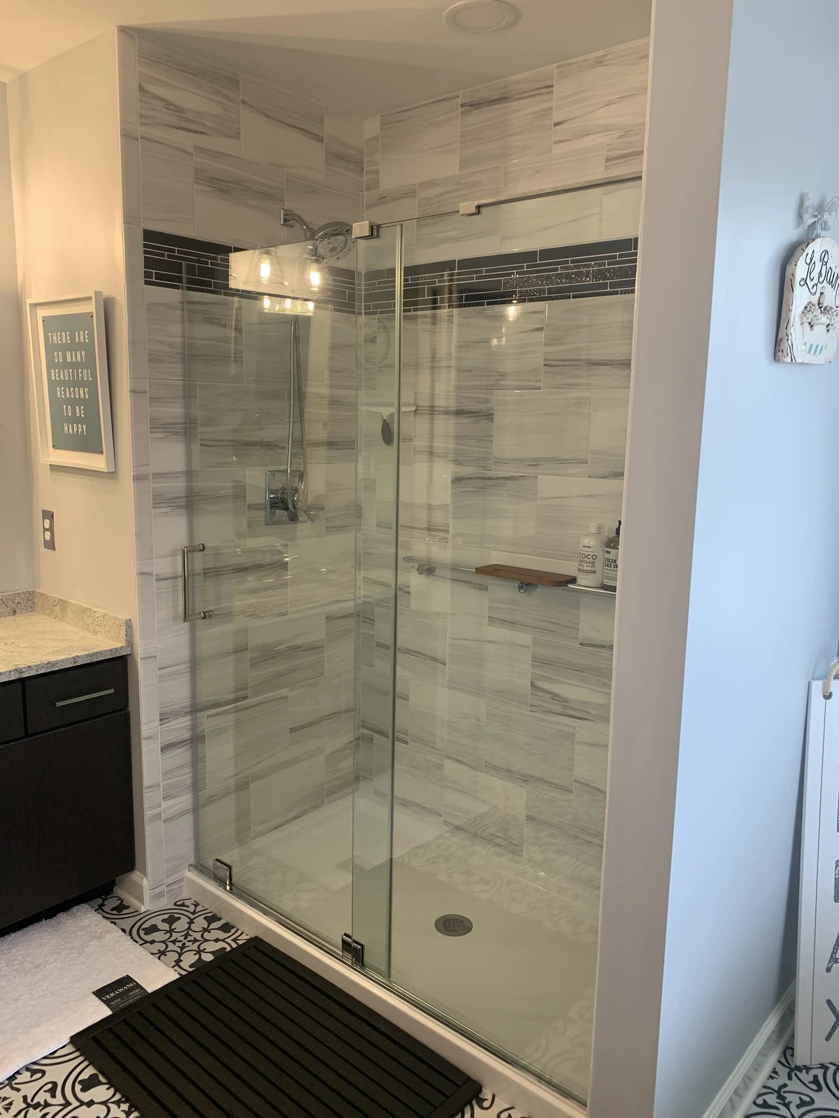 Gray marble-look tile shower